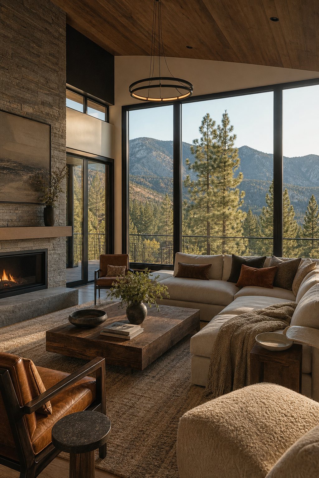 Interior of a Nevada mountain home with mountain views, AI-generated concept imagery